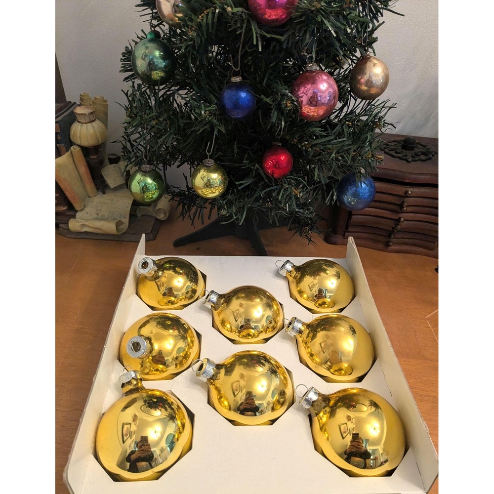 Vintage Gold Glass Christmas Ornaments Set of 7, Retro Mercury Glass Baubles